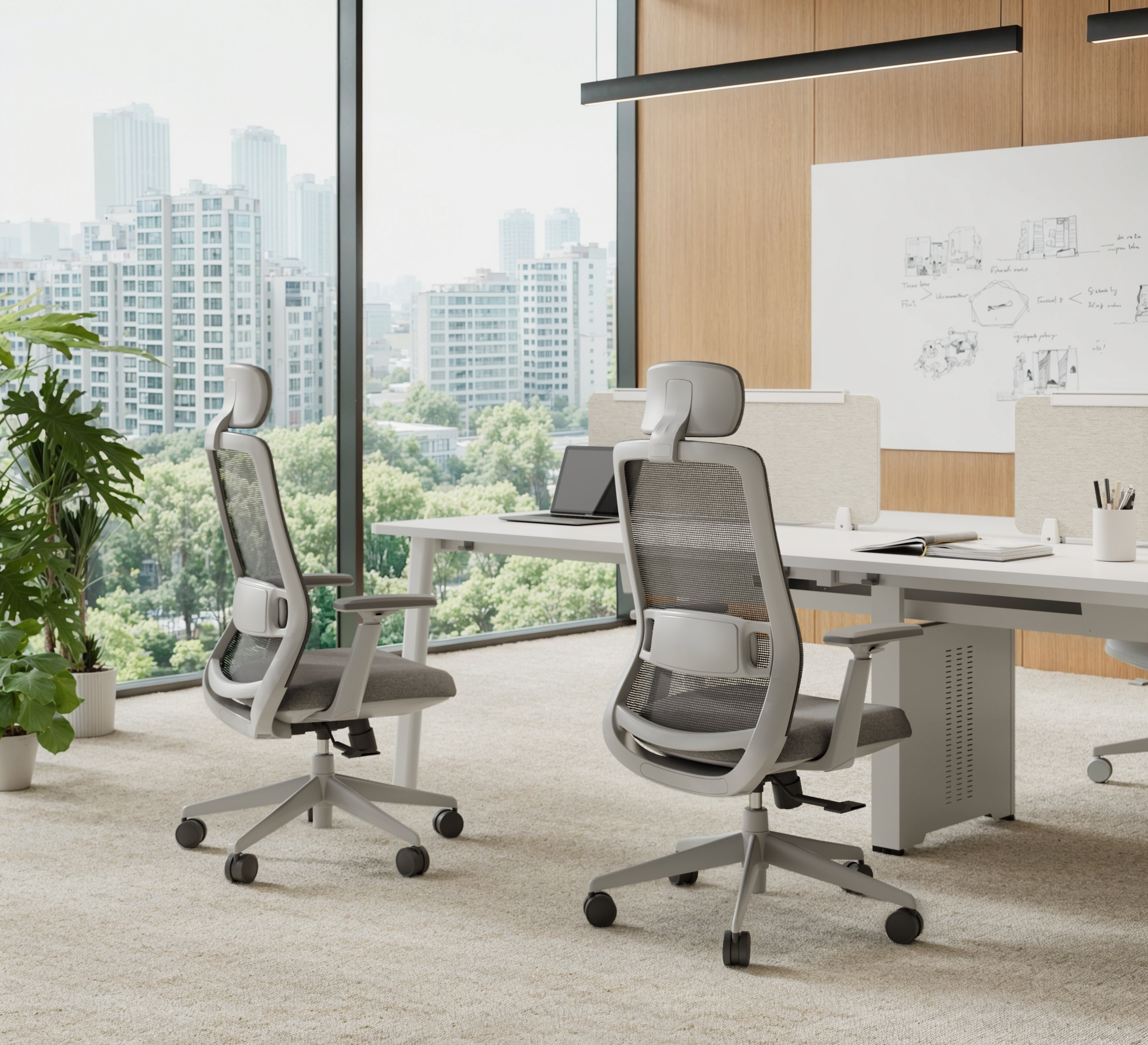 未来办公空间概念图，现代简约风格，多款创意办公椅展示